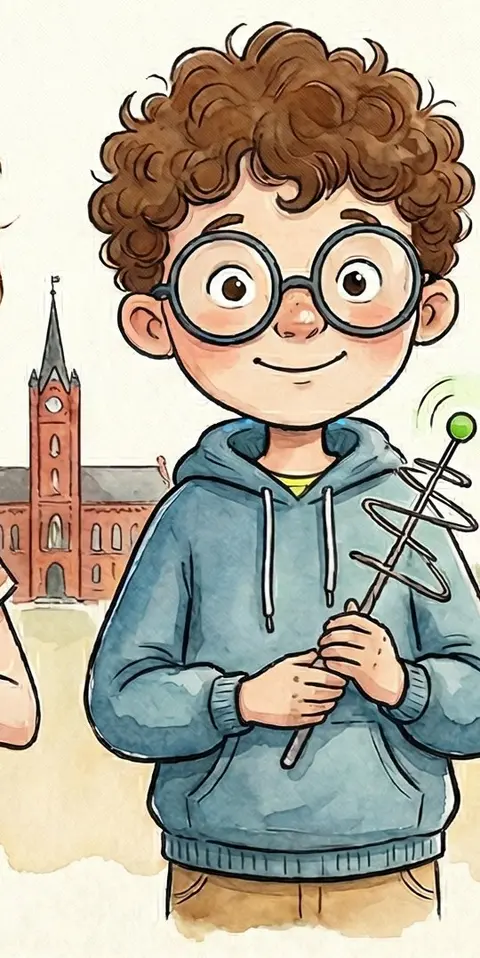 Ben, ein Junge mit Lockenkopf, runder Brille und kleiner Funkantenne