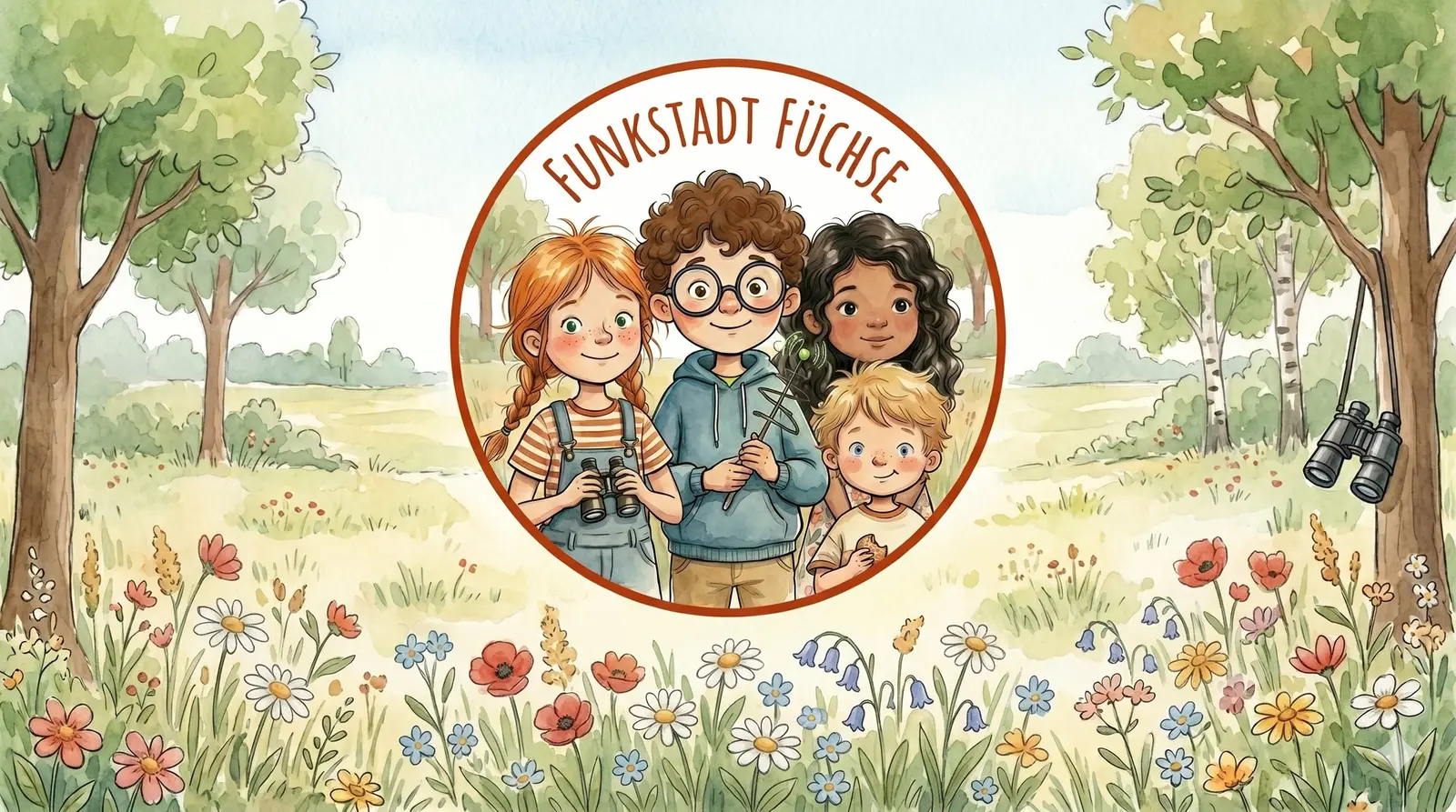Aquarell-Illustration: Die vier Funkstadt Füchse Lotta, Ben, Mila und Leo stehen auf einer Blumenwiese im Havelland