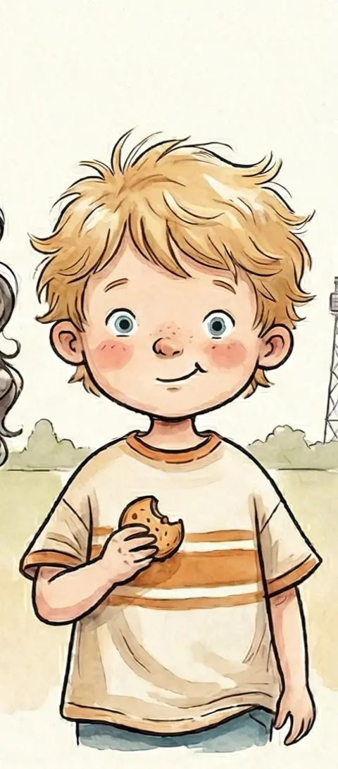 Leo, ein blonder Junge mit einem angebissenen Keks in der Hand