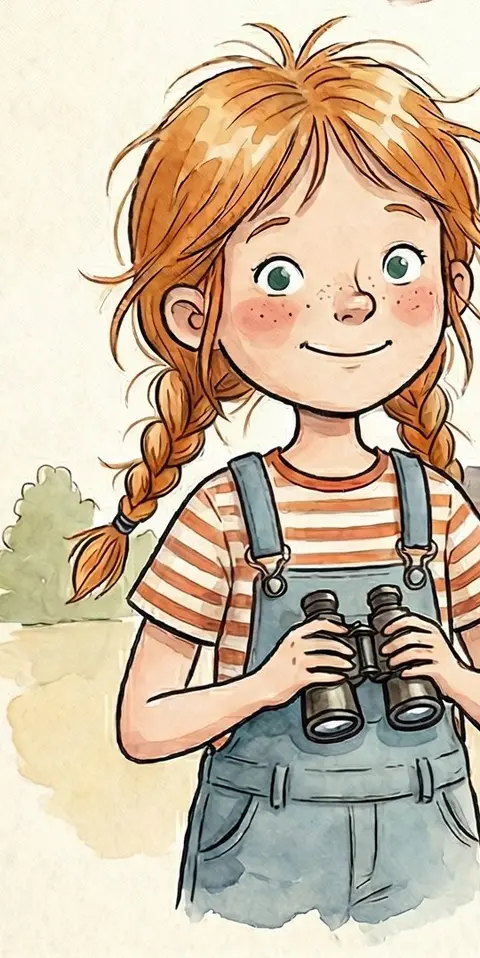 Lotta, ein Mädchen mit roten Zöpfen, Latzhose und Fernglas