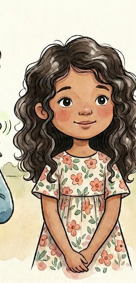 Mila, ein Mädchen mit dunklen Locken und Blumenkleid